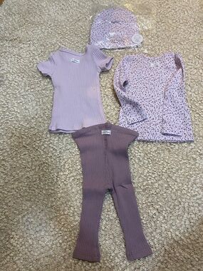 4-Piece Lilac Baby Ribbed Set with Floral Top & Hat